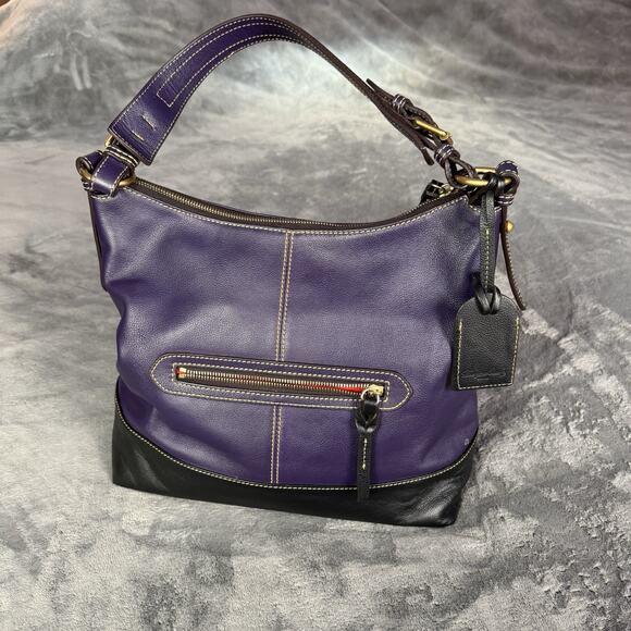 VTG Dooney & Bourke Bag Sophie Hobo Pebble Leather Navy Blue Red Lining 90s - Picture 2 of 15